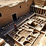 **

"Ancient Canaanite city ruins, Jericho. Excavation site, pottery shards, crumbling walls, sunny day, archaeologists at work, detailed textures, realistic."

**