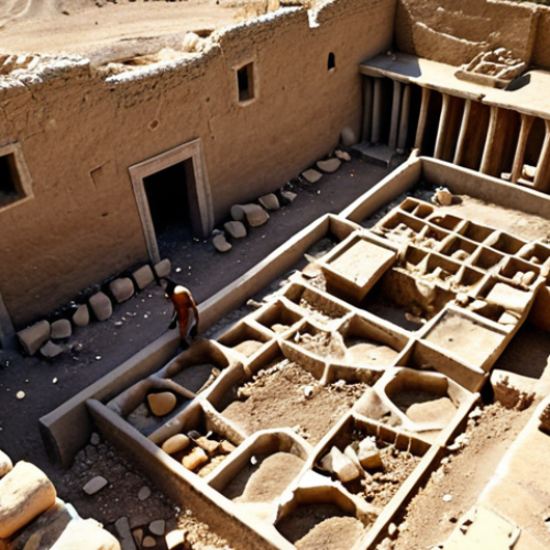 **

"Ancient Canaanite city ruins, Jericho. Excavation site, pottery shards, crumbling walls, sunny day, archaeologists at work, detailed textures, realistic."

**