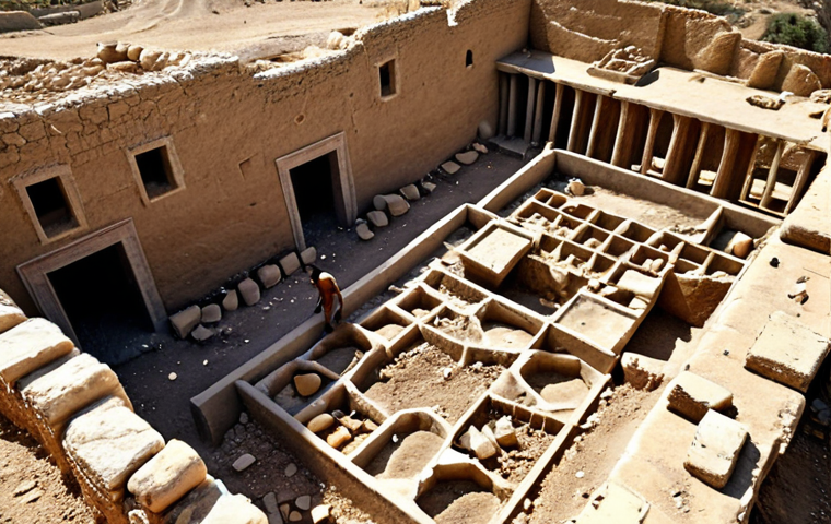 **
"Ancient Canaanite city ruins, Jericho. Excavation site, pottery shards, crumbling walls, sunny day, archaeologists at work, detailed textures, realistic."
**