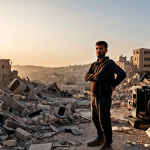 **A Palestinian filmmaker standing amidst film equipment, looking determined, with a backdrop of both rubble and a hopeful, sunrise-lit landscape. Focus on resilience and the power of storytelling.**