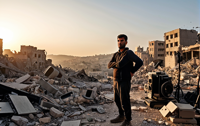 **A Palestinian filmmaker standing amidst film equipment, looking determined, with a backdrop of both rubble and a hopeful, sunrise-lit landscape. Focus on resilience and the power of storytelling.**